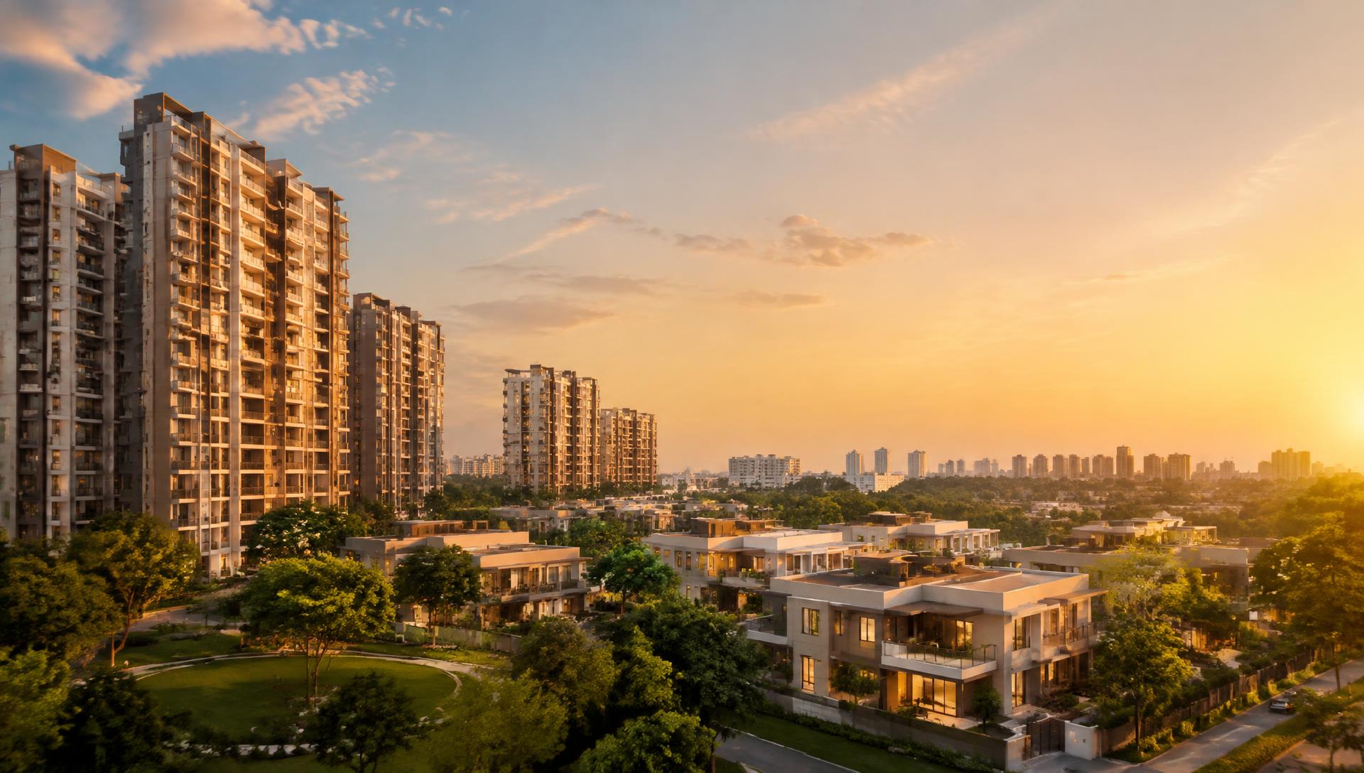Premium residential towers and villas at golden hour